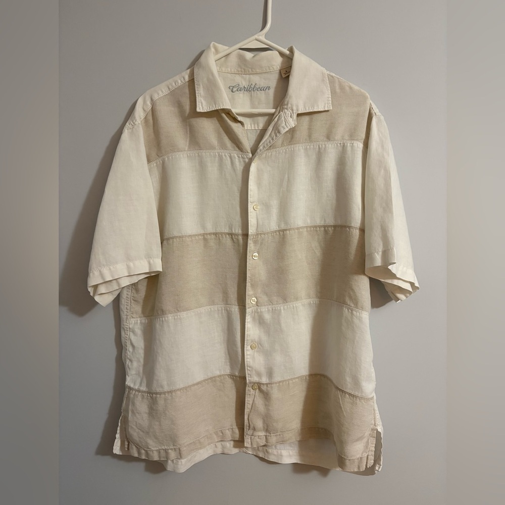 Caribbean Shirt 100% Linen Large White Beige Stripe Button Up Short Sleeve Beach